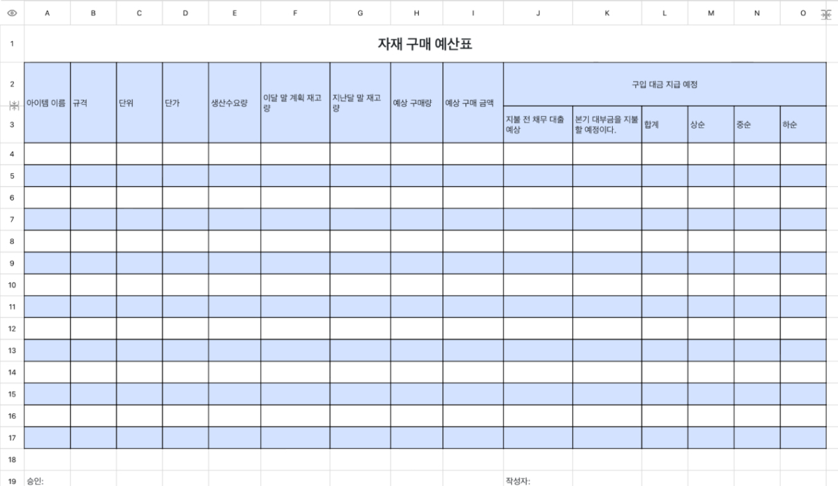 자재 구매 예산표